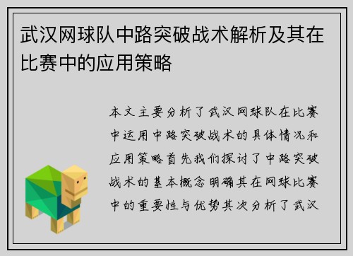 武汉网球队中路突破战术解析及其在比赛中的应用策略